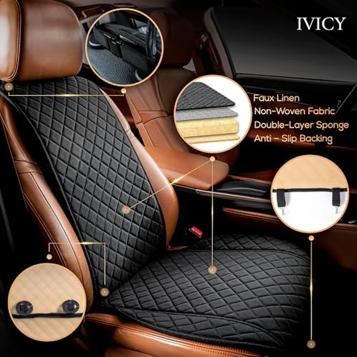 IVICY Faux Linen Front Car Seat Cover - Durable, Non-Slip Seat Protector for Cars - 1 Unit, Black by IVICY - Image 2
