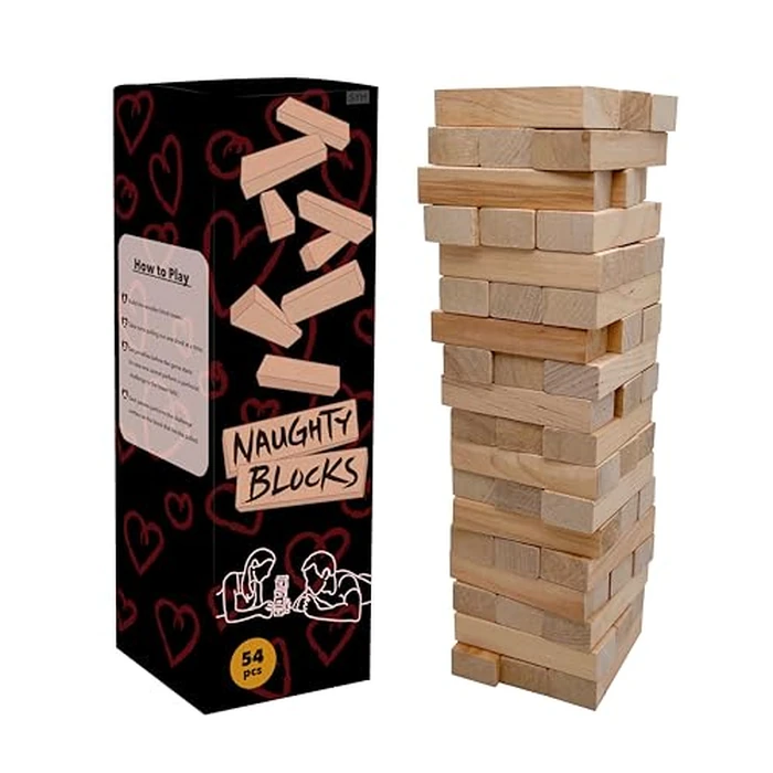 aesthec Naughty Blocks - Adult Couple's Game with 54 Flirty & Fiery Challenges, Wooden Block Stacking Tumbling Tower with Intimate Dares for Date Night Anniversary Birthday Valentines Day by aesthec - Used - Very Good condition
