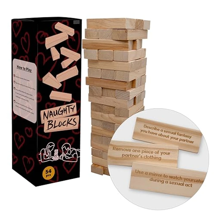 aesthec Naughty Blocks - Adult Couple's Game with 54 Flirty & Fiery Challenges, Wooden Block Stacking Tumbling Tower with Intimate Dares for Date Night Anniversary Birthday Valentines Day by aesthec - Image 2