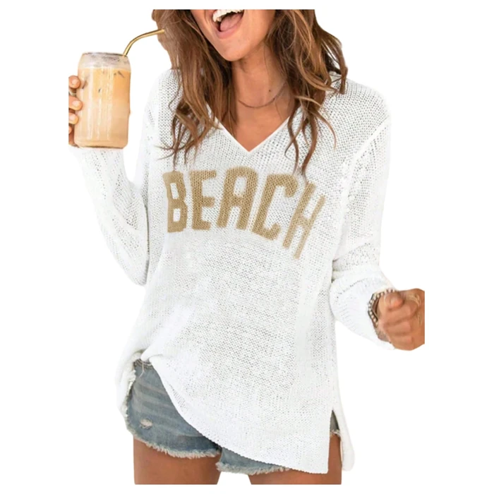 RoseSeek Women's Beach Cover Ups Letter Long Sleeve V Neck Beach Sweater Split Hem Knit Crochet Tops Pullovers Jumper Top White Small by RoseSeek - Used - Like New condition - US$28.49