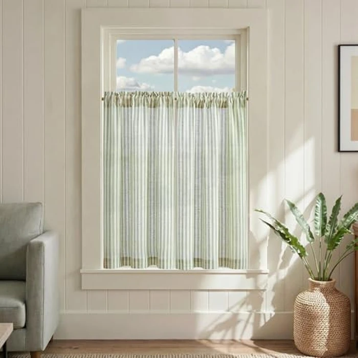 JINCHAN Kitchen Curtains Striped Tier Curatin Ticking Stripe Linen Pinstripe Cafe Curtains 36 Inch Length for Living Room Bathroom Farmhouse Rustic Curtain Rod Pocket 2 Panels Sage on Beige by jinchan - Used - Acceptable condition - CA$11.91