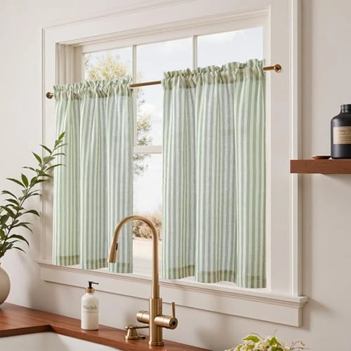 JINCHAN Kitchen Curtains Striped Tier Curatin Ticking Stripe Linen Pinstripe Cafe Curtains 36 Inch Length for Living Room Bathroom Farmhouse Rustic Curtain Rod Pocket 2 Panels Sage on Beige by jinchan - Image 2