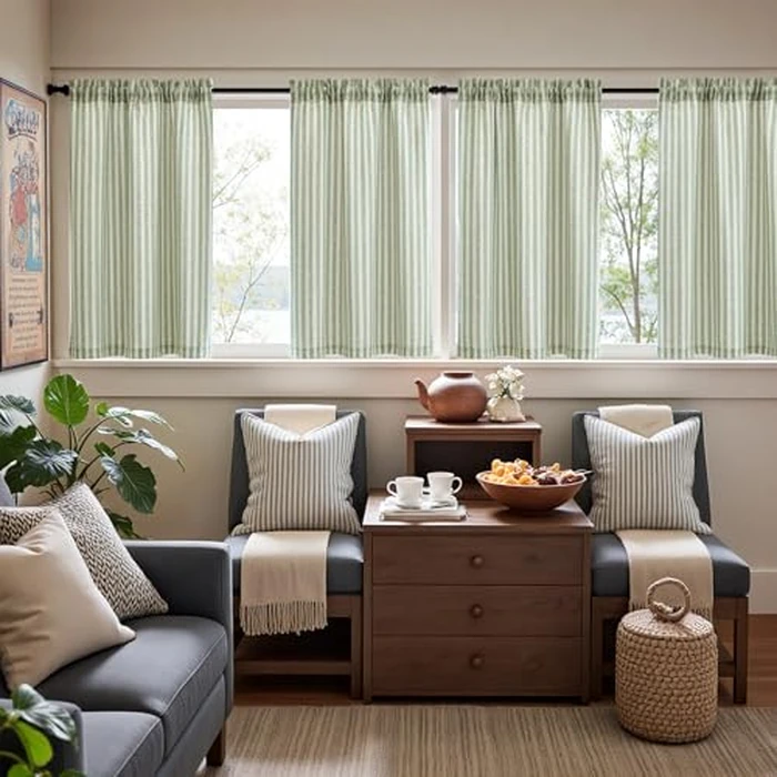 JINCHAN Kitchen Curtains Striped Tier Curatin Ticking Stripe Linen Pinstripe Cafe Curtains 36 Inch Length for Living Room Bathroom Farmhouse Rustic Curtain Rod Pocket 2 Panels Sage on Beige by jinchan - Image 3