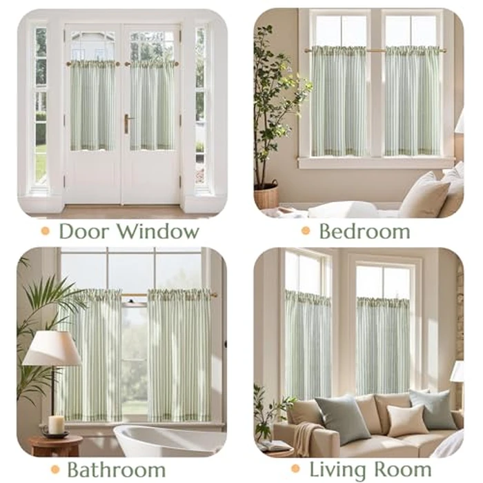 JINCHAN Kitchen Curtains Striped Tier Curatin Ticking Stripe Linen Pinstripe Cafe Curtains 36 Inch Length for Living Room Bathroom Farmhouse Rustic Curtain Rod Pocket 2 Panels Sage on Beige by jinchan - Image 4