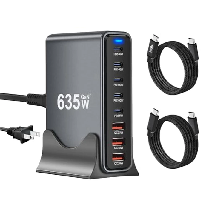 SquareWiz 635W GaN Super Fast Charging Station for Multiple Devices,8 Port USB C Charger Stations for iPhone,iPad,MacBook,Tablet,Android Cell Phone,Type C 200w Desktop Multi-Device Charging Hub Block by SquareWiz - Image 1