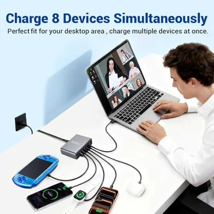 SquareWiz 635W GaN Super Fast Charging Station for Multiple Devices,8 Port USB C Charger Stations for iPhone,iPad,MacBook,Tablet,Android Cell Phone,Type C 200w Desktop Multi-Device Charging Hub Block by SquareWiz - Image 6