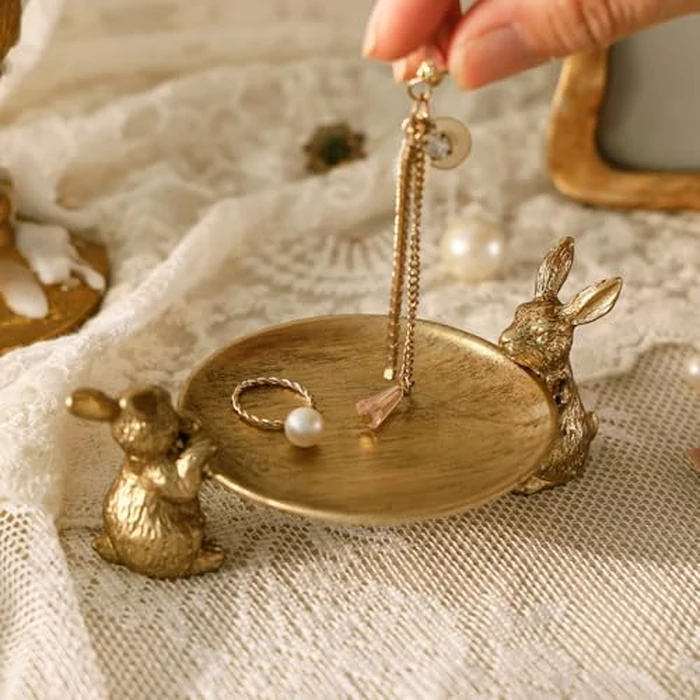 NIKKY HOME Gold Jewelry Tray, Vintage Jewelry Dish Tray with Rabbits, Antique Ring Dish & for Women, Small Trinket Bowl for Vanity Bathroom by NIKKY HOME - Image 2