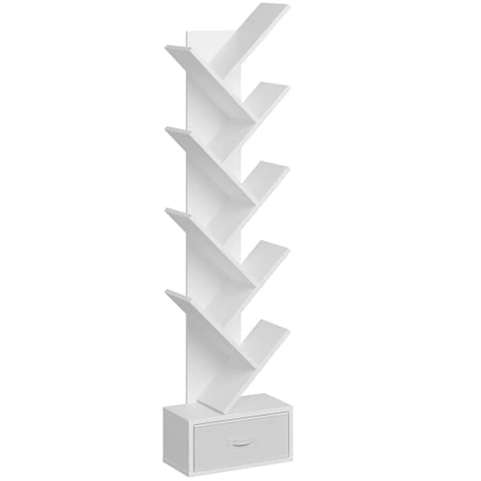 Rolanstar Bookshelf with Drawer, 9-Tier Tree Bookshelf, White Bookcase, Wooden Storage Rack for CDs/Movies/Books, Utility Organizer Shelves for Living Room, Bedroom, Home Office by Rolanstar - Used - Good condition - CA$43.62
