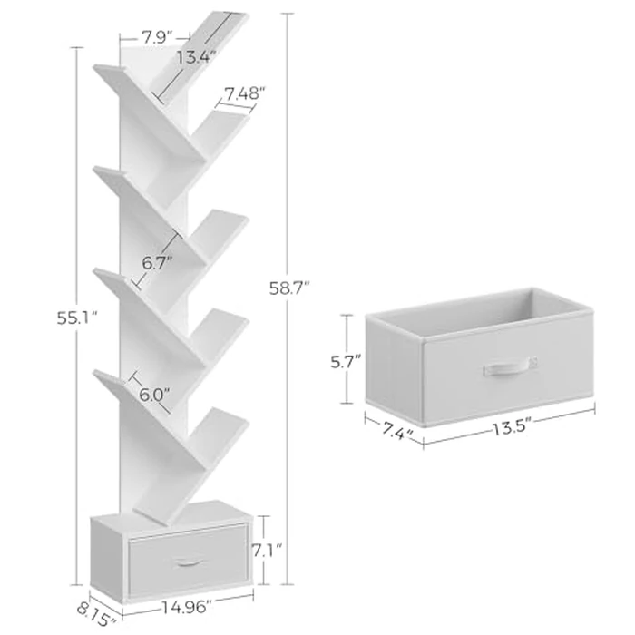 Rolanstar Bookshelf with Drawer, 9-Tier Tree Bookshelf, White Bookcase, Wooden Storage Rack for CDs/Movies/Books, Utility Organizer Shelves for Living Room, Bedroom, Home Office by Rolanstar - Image 3