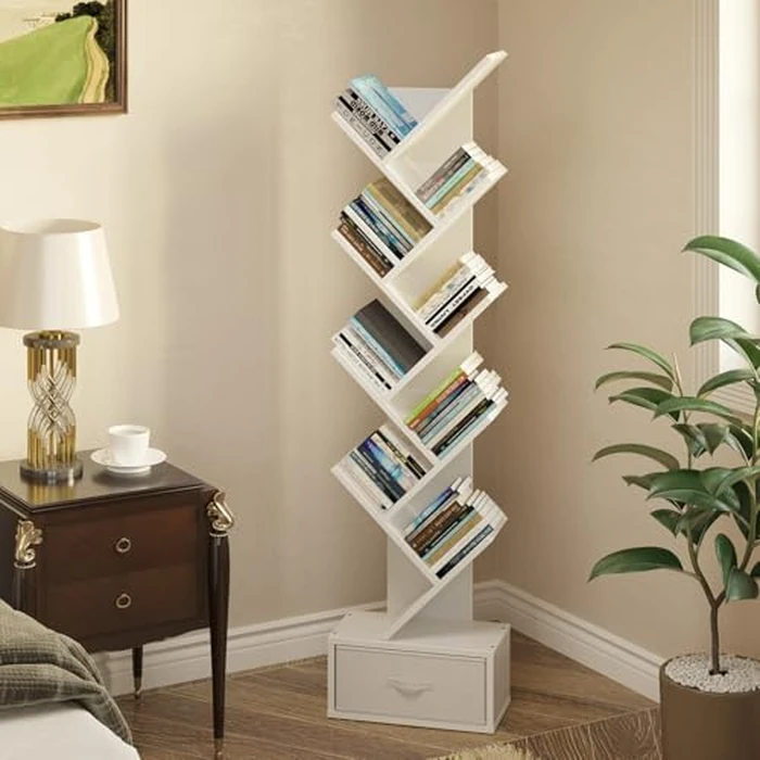 Rolanstar Bookshelf with Drawer, 9-Tier Tree Bookshelf, White Bookcase, Wooden Storage Rack for CDs/Movies/Books, Utility Organizer Shelves for Living Room, Bedroom, Home Office by Rolanstar - Image 4