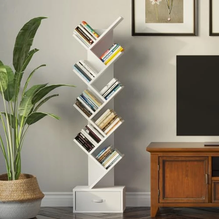 Rolanstar Bookshelf with Drawer, 9-Tier Tree Bookshelf, White Bookcase, Wooden Storage Rack for CDs/Movies/Books, Utility Organizer Shelves for Living Room, Bedroom, Home Office by Rolanstar - Image 5