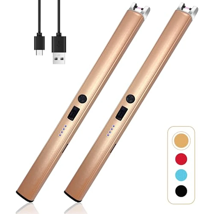 2 PCS Candle Lighter,Windproof Flameless Electric Lighter with LED Power Display ＆ Safety Switch, Upgraded Plasma USB Rechargeable Lighters for Birthday Camping BBQ (Champagne Gold) by Beyio - Used - Like New condition - US$7.16