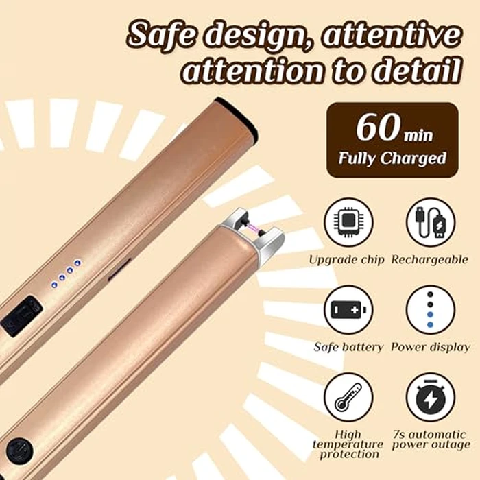 2 PCS Candle Lighter,Windproof Flameless Electric Lighter with LED Power Display ＆ Safety Switch, Upgraded Plasma USB Rechargeable Lighters for Birthday Camping BBQ (Champagne Gold) by Beyio - Image 5