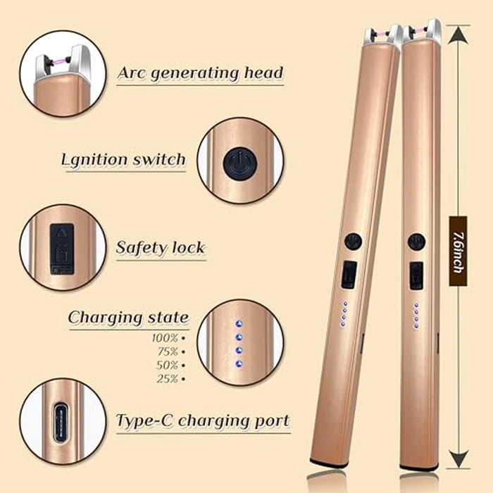 2 PCS Candle Lighter,Windproof Flameless Electric Lighter with LED Power Display ＆ Safety Switch, Upgraded Plasma USB Rechargeable Lighters for Birthday Camping BBQ (Champagne Gold) by Beyio - Image 6