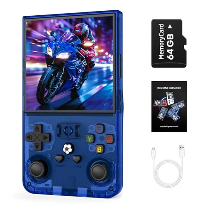 R36MAX Handheld Game Console, Retro Gaming Console with 4000mAh Battery 4.0”IPS Screen, Open Source Linux System, with 64GB TF Card Portable Video Gaming Console, Transparent Blue by AQHH - Image 1