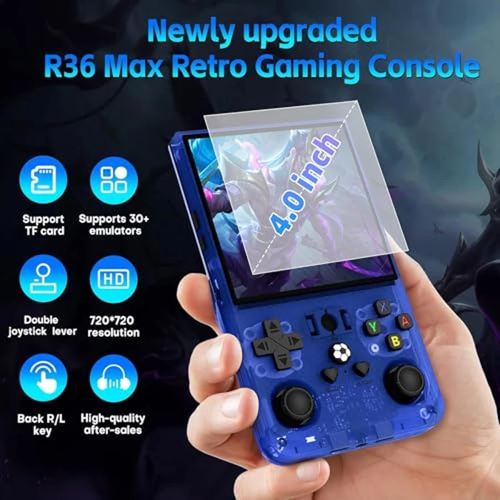 R36MAX Handheld Game Console, Retro Gaming Console with 4000mAh Battery 4.0”IPS Screen, Open Source Linux System, with 64GB TF Card Portable Video Gaming Console, Transparent Blue by AQHH - Image 2