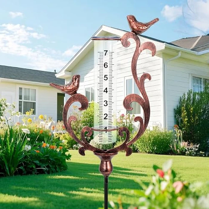 BUARO8AGA Rain Gauge Outdoor, Cast Iron Bird Rain Gauge - 7" Capacity Plastic Rain Gauge Freeze Proof with Metal Stake Decorative for Garden Yard Patio & Lawn with Large Readable Numbers by BUARO8AGA - Used - Like New condition - US$21.84