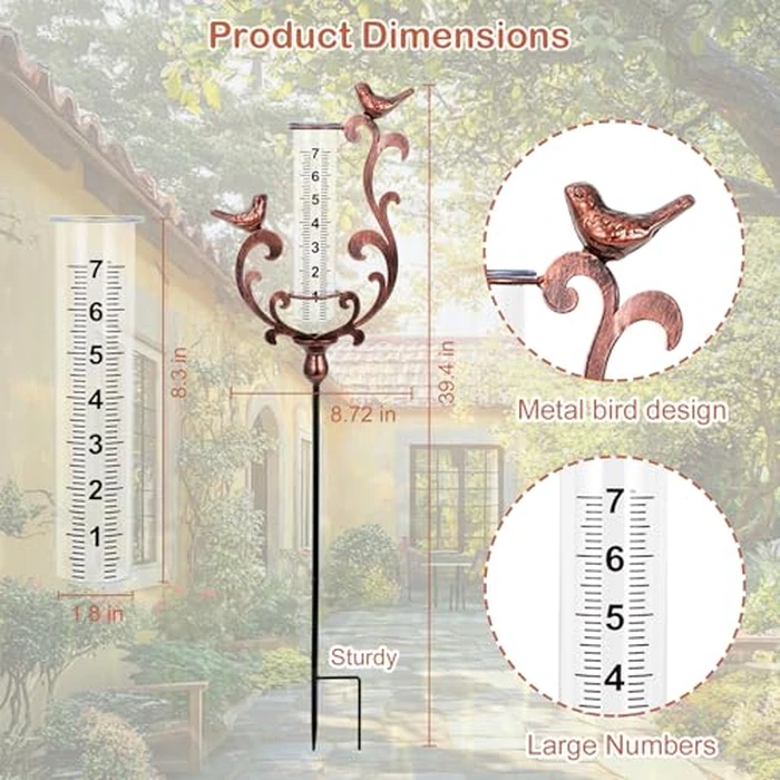 BUARO8AGA Rain Gauge Outdoor, Cast Iron Bird Rain Gauge - 7" Capacity Plastic Rain Gauge Freeze Proof with Metal Stake Decorative for Garden Yard Patio & Lawn with Large Readable Numbers by BUARO8AGA - Image 4