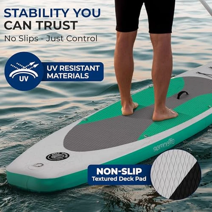 SereneLife Inflatable Stand Up Paddle Board (6 Inches Thick) Universal SUP Wide Stance w/Bottom Fin for Paddling and Surf Control | Non-Slip Deck | Youth and Adult, Olive Green by SereneLife - Image 4