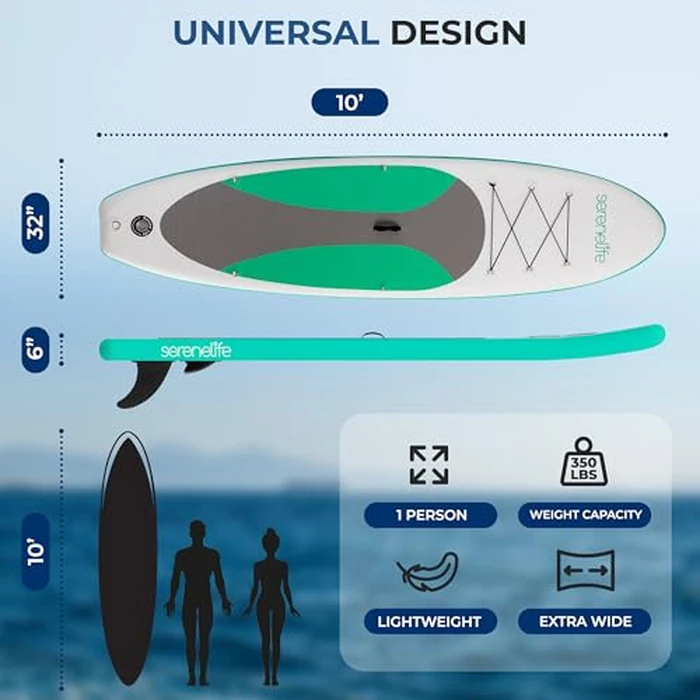 SereneLife Inflatable Stand Up Paddle Board (6 Inches Thick) Universal SUP Wide Stance w/Bottom Fin for Paddling and Surf Control | Non-Slip Deck | Youth and Adult, Olive Green by SereneLife - Image 5