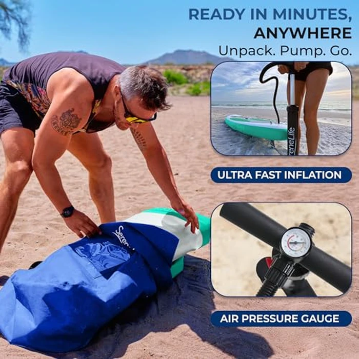 SereneLife Inflatable Stand Up Paddle Board (6 Inches Thick) Universal SUP Wide Stance w/Bottom Fin for Paddling and Surf Control | Non-Slip Deck | Youth and Adult, Olive Green by SereneLife - Image 6