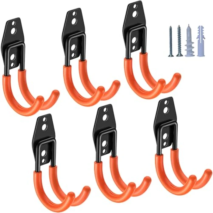 HUPBIPY Heavy Duty Garage Hooks 6 Pack, J Shaped Hanger, Wall Mounted Storage System, Power and Garden Tool Organizer, for Hanging Ladders, Bikes Tires, Hose, Bulk Items by HUPBIPY - Used - Like New condition - US$15.47