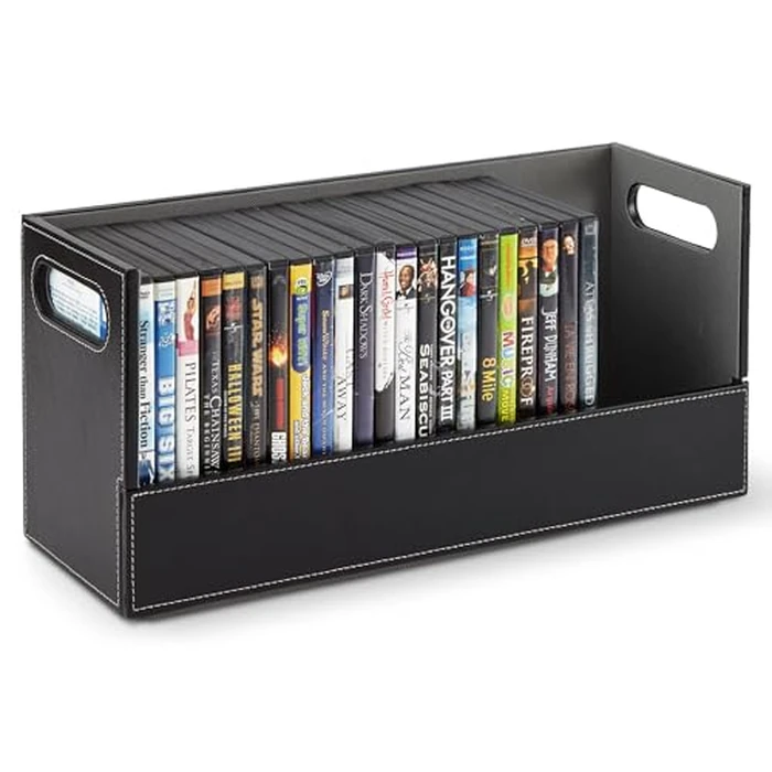 Stock Your Home DVD Storage Box, Movie Shelf Organizer for Blu-Ray, Video Game Cases, CDs, VHS Tape Display Stand, Disc Holder Can Store Up to 28 DVDs, Faux Leather (Black) by Stock Your Home - Image 1
