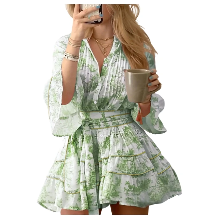 SOLY HUX Women's Floral Ruffle Mini Dress V Neck 3/4 Sleeve Flowy Boho Vacation Dresses Green Floral X-Small by SOLY HUX - Used - Like New condition
