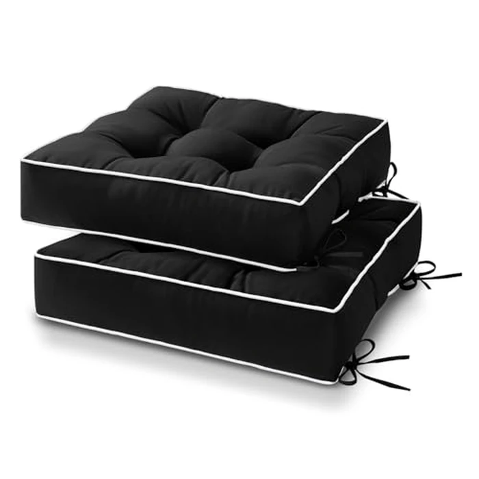 HARBOREST Outdoor Chair Cushions Set of 2, Tufted Patio Chair Cushions with Ties, Square Corner Outdoor Cushions for Patio Furniture, Lawn Chairs, Wicker Chairs, 19" x 19" x 5", Black by HARBOREST - Used - Like New condition