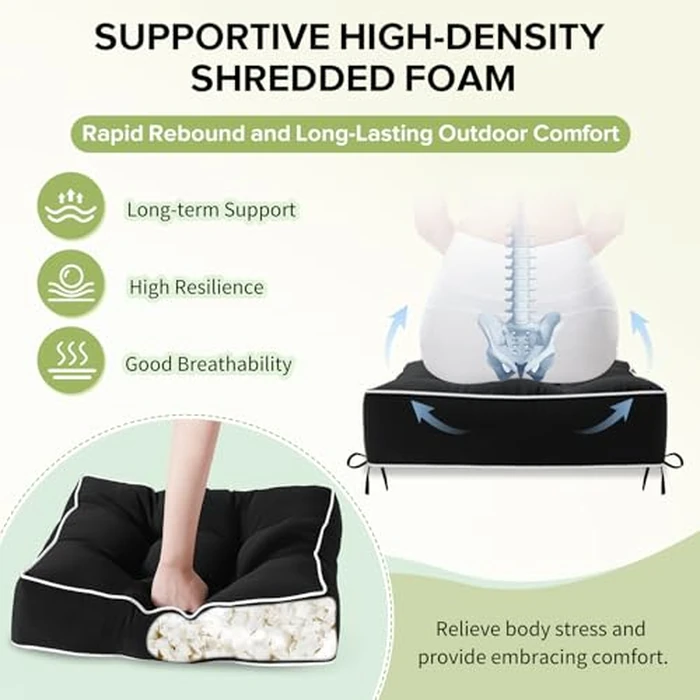 HARBOREST Outdoor Chair Cushions Set of 2, Tufted Patio Chair Cushions with Ties, Square Corner Outdoor Cushions for Patio Furniture, Lawn Chairs, Wicker Chairs, 19" x 19" x 5", Black by HARBOREST - Image 5