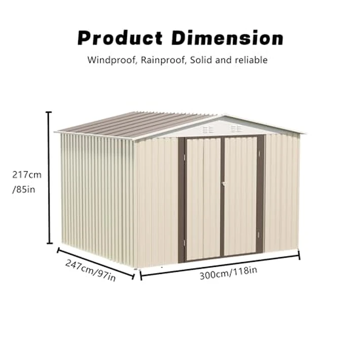 YOPTO 10x8 FT Outdoor Storage Shed with Foundation,Metal Aluminum Tool Sheds,Heavy-Duty Sheds with Sloped Roof, Air Vent and Hinge Doors,Garden Shed Bike Shed for Backyard Patio Lawn,Cream White by YOPTO - Image 2