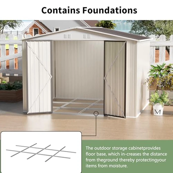 YOPTO 10x8 FT Outdoor Storage Shed with Foundation,Metal Aluminum Tool Sheds,Heavy-Duty Sheds with Sloped Roof, Air Vent and Hinge Doors,Garden Shed Bike Shed for Backyard Patio Lawn,Cream White by YOPTO - Image 4