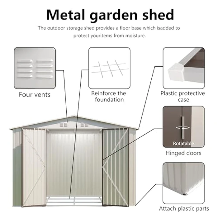 YOPTO 10x8 FT Outdoor Storage Shed with Foundation,Metal Aluminum Tool Sheds,Heavy-Duty Sheds with Sloped Roof, Air Vent and Hinge Doors,Garden Shed Bike Shed for Backyard Patio Lawn,Cream White by YOPTO - Image 5