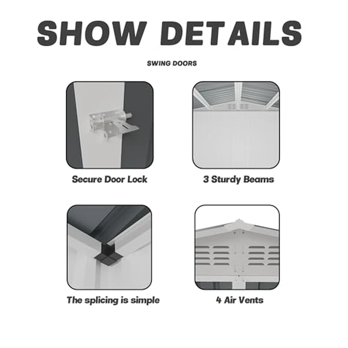 YOPTO 10x8 FT Outdoor Storage Shed with Foundation,Metal Aluminum Tool Sheds,Heavy-Duty Sheds with Sloped Roof, Air Vent and Hinge Doors,Garden Shed Bike Shed for Backyard Patio Lawn,Cream White by YOPTO - Image 7