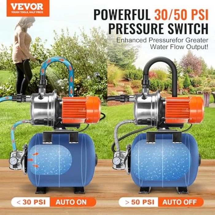 VEVOR 1.6 HP Shallow Well Pump With Pressure Tank, 1320 GPH, Automatic Irrigation Water Booster, 5-Gal Tank 30/50 PSI Switch, Stainless Steel Head for Home Garden Lawn by VEVOR - Image 2