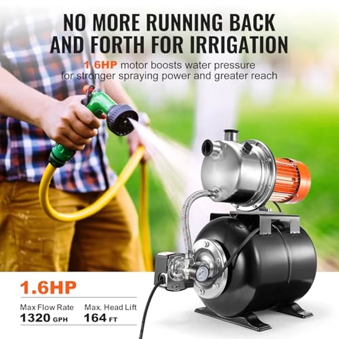 VEVOR 1.6 HP Shallow Well Pump With Pressure Tank, 1320 GPH, Automatic Irrigation Water Booster, 5-Gal Tank 30/50 PSI Switch, Stainless Steel Head for Home Garden Lawn by VEVOR - Image 3