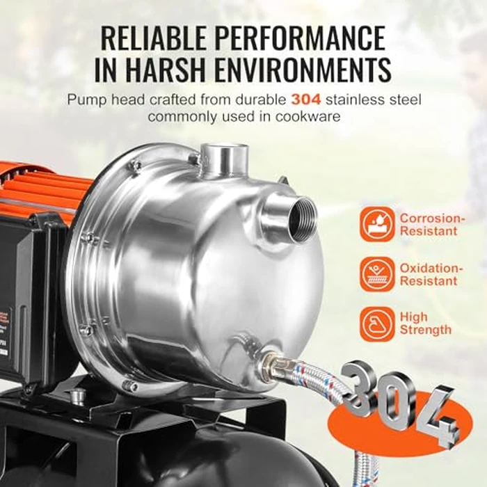 VEVOR 1.6 HP Shallow Well Pump With Pressure Tank, 1320 GPH, Automatic Irrigation Water Booster, 5-Gal Tank 30/50 PSI Switch, Stainless Steel Head for Home Garden Lawn by VEVOR - Image 4