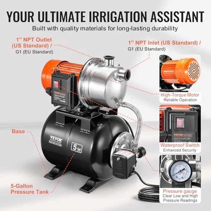 VEVOR 1.6 HP Shallow Well Pump With Pressure Tank, 1320 GPH, Automatic Irrigation Water Booster, 5-Gal Tank 30/50 PSI Switch, Stainless Steel Head for Home Garden Lawn by VEVOR - Image 6