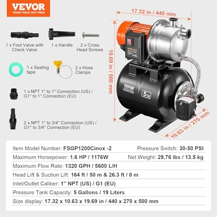 VEVOR 1.6 HP Shallow Well Pump With Pressure Tank, 1320 GPH, Automatic Irrigation Water Booster, 5-Gal Tank 30/50 PSI Switch, Stainless Steel Head for Home Garden Lawn by VEVOR - Image 7
