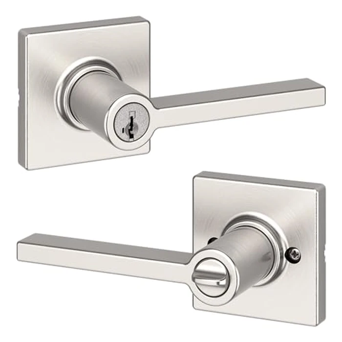 Weiser Casey Satin Nickel Front Door Handle with Lock, Reversible Square Exterior/Interior Door Handles with Lock, Keyed Entry Door Lever for Front Door, Bedroom, Bathroom & Office, Modern Home Decor by Weiser - Used - Acceptable condition - CA$26.67
