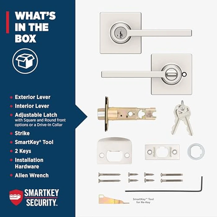 Weiser Casey Satin Nickel Front Door Handle with Lock, Reversible Square Exterior/Interior Door Handles with Lock, Keyed Entry Door Lever for Front Door, Bedroom, Bathroom & Office, Modern Home Decor by Weiser - Image 3