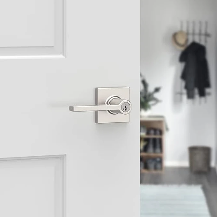 Weiser Casey Satin Nickel Front Door Handle with Lock, Reversible Square Exterior/Interior Door Handles with Lock, Keyed Entry Door Lever for Front Door, Bedroom, Bathroom & Office, Modern Home Decor by Weiser - Image 5
