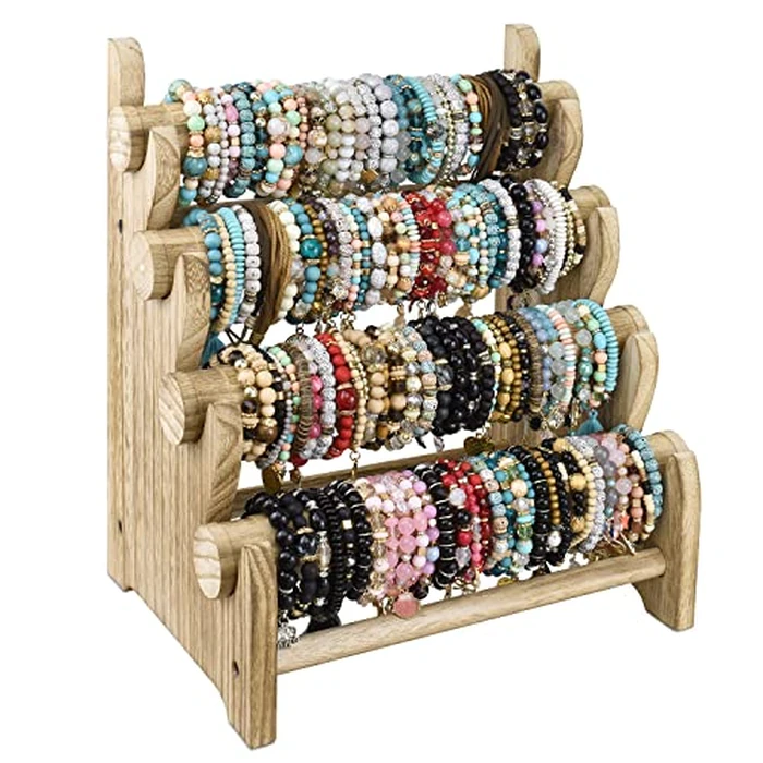 Ikee Design Antique Wooden 4 Tier Jewelry Bracelet Display Stand Bangle Scrunchie Organizer Holder for Store, Showcase and Home Storage, 12 W x 9 D x 14 H in, Oak Color by Ikee Design - Used - Very Good condition - US$23.00