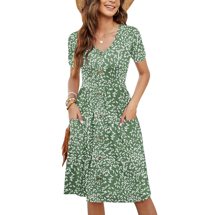MOLERANI Women Vacation Casual Summer Beach Dresses Floral Boho Short Sleeve V Neck Button Down Knee Length Dress with Pockets,Flyleaf Olive,XL by MOLERANI - Used - Like New condition - US$33.24