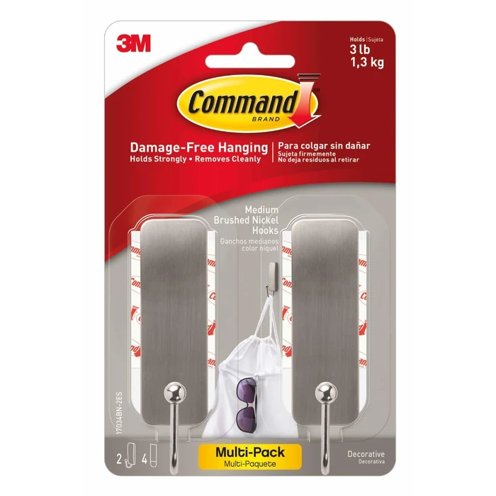 Command Medium Brushed Nickel Wall Hook, 2 Coat Hooks and 4 Strips, Damage-Free Hanging with Adhesive, No Tools Great for Hanging Home Decor, Holds up to 3 lb by Command - Used - Good condition - US$6.05