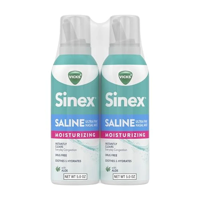 Vicks Sinex Saline Moisturizing Nasal Spray, with Aloe, Drug Free Ultra Fine Mist, Clear Everyday Sinus Congestion Fast, Clear Mucus from a Cold or Allergy, 5 OZ x 2 by Vicks - Image 1