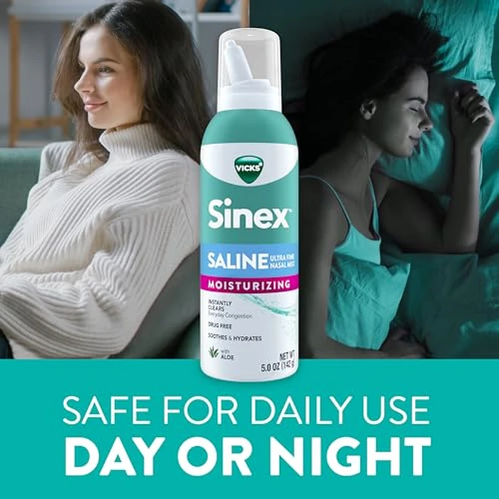 Vicks Sinex Saline Moisturizing Nasal Spray, with Aloe, Drug Free Ultra Fine Mist, Clear Everyday Sinus Congestion Fast, Clear Mucus from a Cold or Allergy, 5 OZ x 2 by Vicks - Image 7