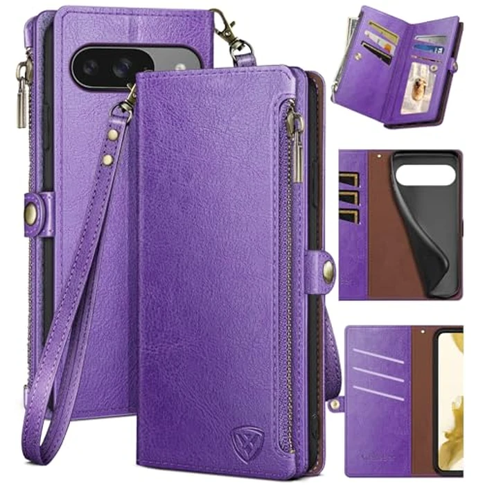 XcaseBar for Google Pixel 9 5G/Google Pixel 9 Pro 6.3 Wallet case with Zipper Credit Card Holder【RFID Blocking】,Flip Folio Book PU Leather Phone case Shockproof Cover Women Men for Pixel 9 case Purple by XcaseBar - Image 1