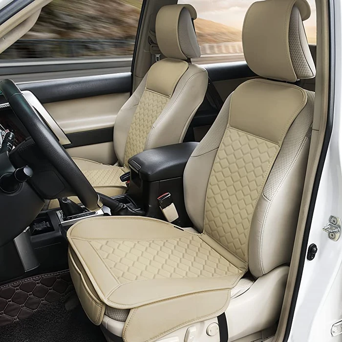 Elantrip Auto Car Seat Covers Leather Car Seat Protector for Women Airbag Compatible Diamond Pattern PU Seat Cover Universal Fitness 2PCs Beige by Elantrip - Image 7