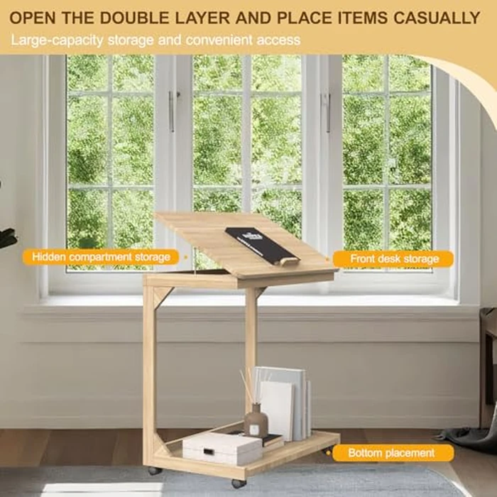 WUGCHDA C-Shaped Couch Table, Side Table with 360 degrees Rotating Wheels, 45 degrees Adjustable Tiltable Desktop for Sofa Laptop Coffee, C Table for Living Room, Walnut (Natural, 23.6 * 15.7 * 24.8 inch) by WUGCHDA - Image 5